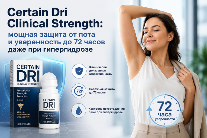 Certain Dri Clinical Strength: мощная защита от пота и уверенность до 72 часов даже при гипергидрозе