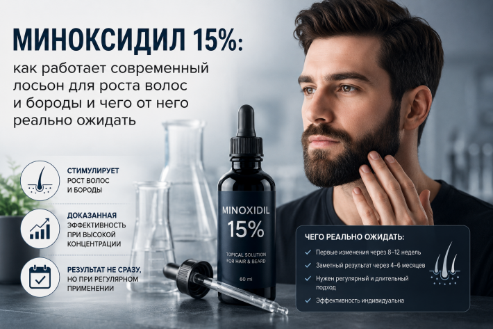 Миноксидил 15%: как работает современный лосьон для роста волос и бороды и чего от него реально ожидать