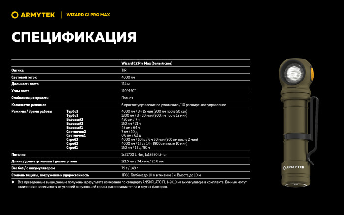 Фонарь Armytek Wizard C2 Pro Max Olive Белый