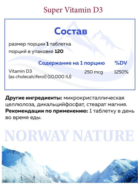 Норвежский Super Vitamin D-3 10 000 ME Norway Nature (120 таб)