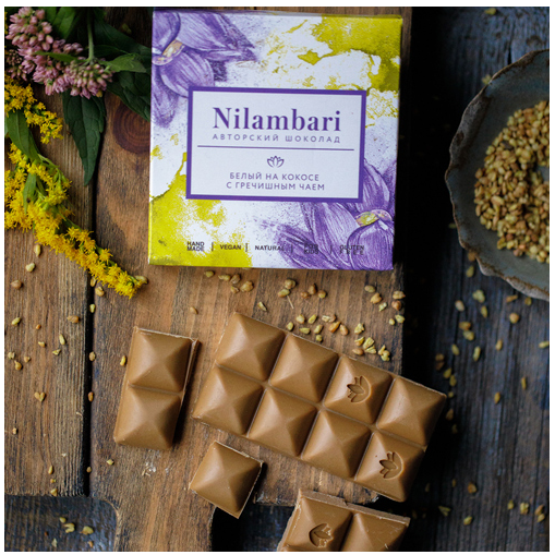 Веган Шоколад Nilambari белый на кокосе с гречишным чаем (65 г)