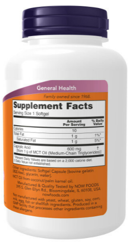 Caprylic Acid 600 мг (каприловая кислота) 100 мягких капсул NOW Foods