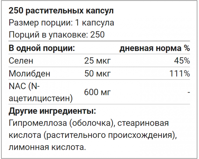 NAC-ACETYL CYSTEINE 600 мг (ацетилцистеин) 250 растительных капсул NOW Foods