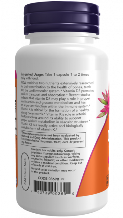 Vitamin D-3 & K2 1000 МЕ / 45 мкг (витамин D, K2) 120 вег. капсул NOW Foods