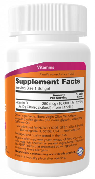 Vitamin D3 10000 IU (витамин D) 120 гелевых капсул NOW Foods