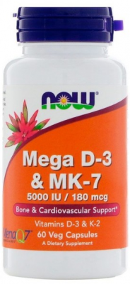 Витамины D-3 и K-2 Mega D-3 &amp; MK-7 5000 ME 180 мкг NOW (60 вег капс)