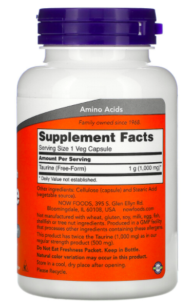 Taurine 1000 мг (таурин) 100 растительных капсул NOW Foods
