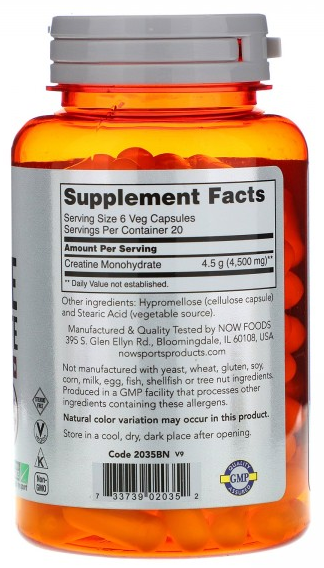 Creatine Monohydrate (Креатин Моногидрат) 750 мг NOW (120 вег капс)
