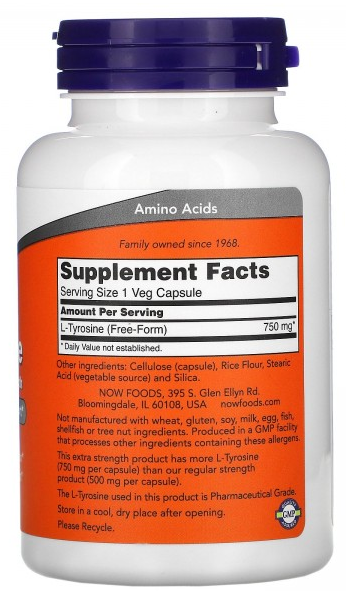 L-Tyrosine (тирозин) 750 мг NOW Foods (90 вег капс)