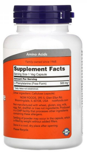 L-phenylalanine 500 мг (L-фенилаланин) 120 растительных капсул NOW Foods
