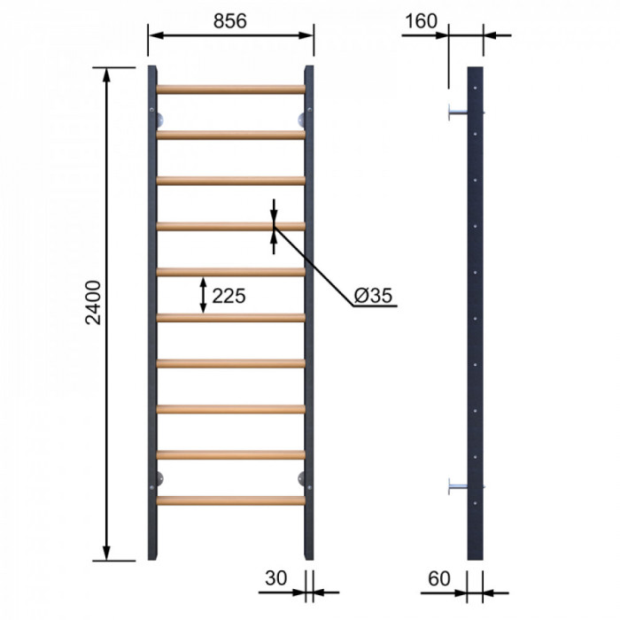 Стенка гимнастическая с металлическими боковинами 2400
