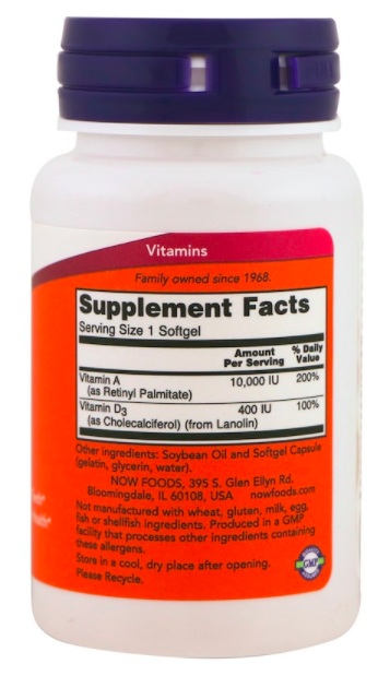 NOW Vitamin A&D 10000/400 МЕ (100 капс)