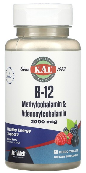 B-12 Methylcobalamin & Adenosylcobalamin (витамин B12 аденозил метилкобаламин) 2000 мкг KAL (60 жев таб)
