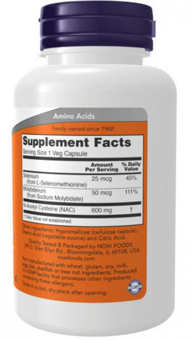 NAC-ACETYL CYSTEINE 600 мг (ацетилцистеин) 100 растительных капсул NOW Foods