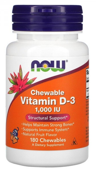 Vitamin D3 1000 МЕ (витамин D) 180 жевательных таблеток c фруктовым вкусом NOW Foods
