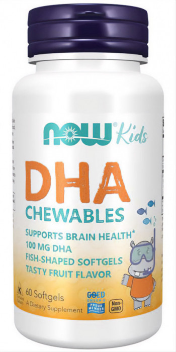 Kids DHA Chewables 100 мг, DHA 100, (Докозагексаеновая кислота, омега, ДГК) 60 гелевых капсул NOW
