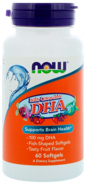 Kids DHA Chewables 100 мг, DHA 100, (Докозагексаеновая кислота, омега, ДГК) 60 гелевых капсул NOW