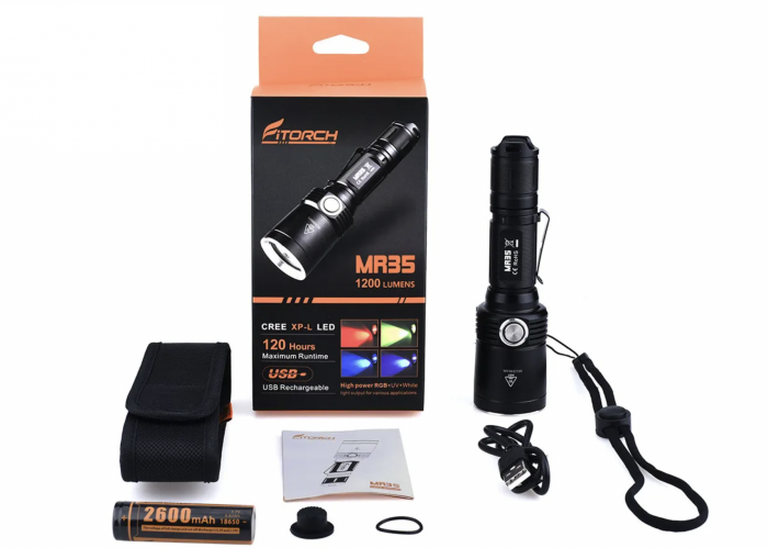 Фонарь FiTorch MR35 охотничий (USB зарядка, 5 светодиодов: синий, красный, белый, фиолетовый, УФ)