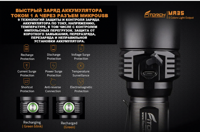 Фонарь FiTorch MR35 охотничий (USB зарядка, 5 светодиодов: синий, красный, белый, фиолетовый, УФ)