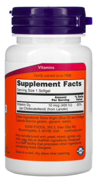NOW Vitamin D-3 400 МЕ (180 капс)