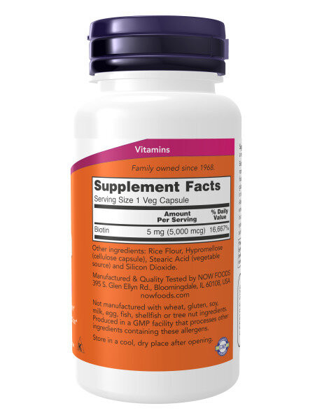 BIOTIN 5000 мкг (биотин, витамины B) 60 растительных капсул NOW Foods