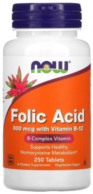 Folic Acid 800 мкг (фолиевая кислота) 250 таблеток NOW Foods