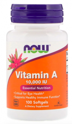 Vitamin A 10000 ME (витамин А) 100 гелевых капсул NOW Foods