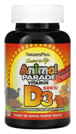 Nature's Plus Source of Life Animal Parade Витамин D3 500 ME детские жевательные таблетки 