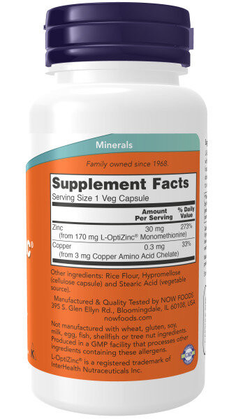 L-OptiZinc 30 мг (цинк) 100 капсул NOW FOODS