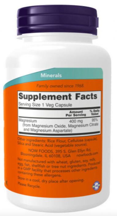Magnesium Caps (магний оксид, магний цитрат, магний аспартат) 400 мг 180 растительных капсул NOW Foods