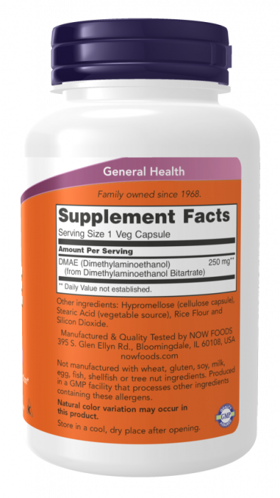 DMAE 250 мг (диметиламиноэтанол) 100 растительных капсул NOW Foods